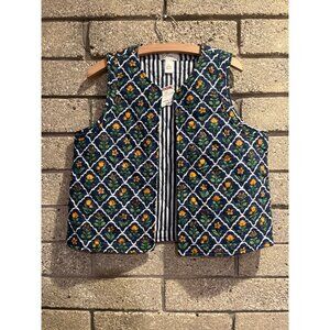 Reversible Floral & Striped Quilted Vest Womens L Cotton